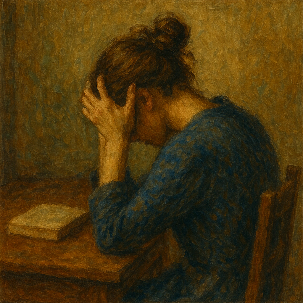 机に向かい、背中を向けて頭を抱える女性を描いた油絵。考えすぎる性格がもたらす悩みや不安を象徴している。