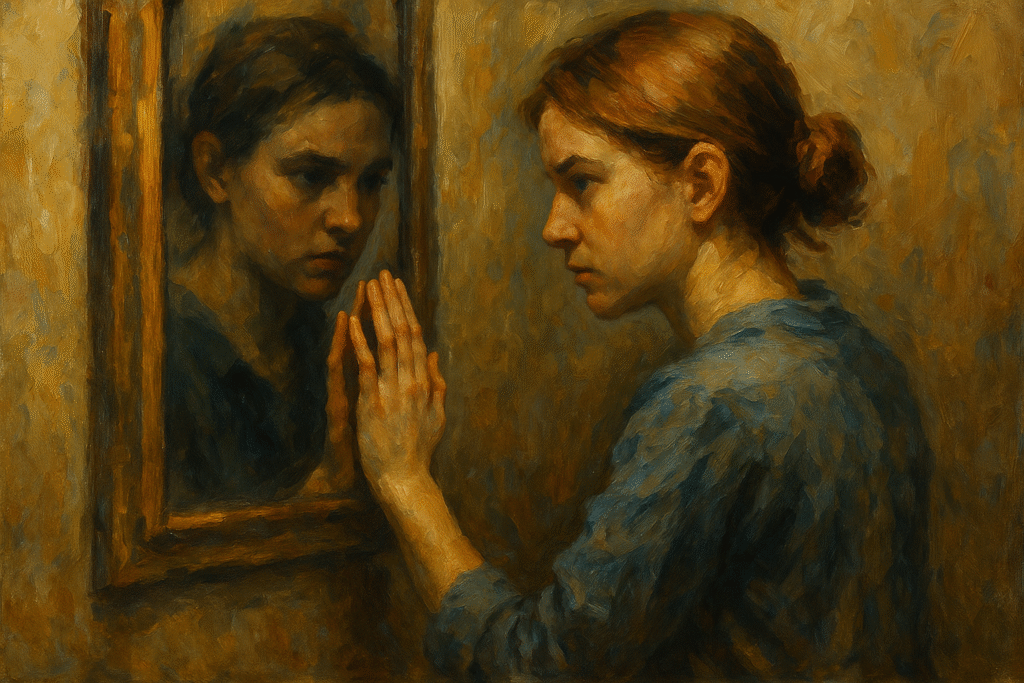 鏡に手を当て、自分自身と向き合う女性を描いた油絵。内なる葛藤を超えて、世界を広げようとする行動のきっかけを表現している。