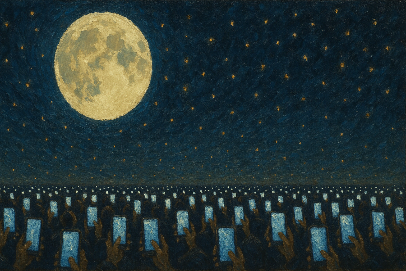 夜空に大きな月と星が輝き、地上では無数のスマホの光が広がる油絵風の幻想的な風景